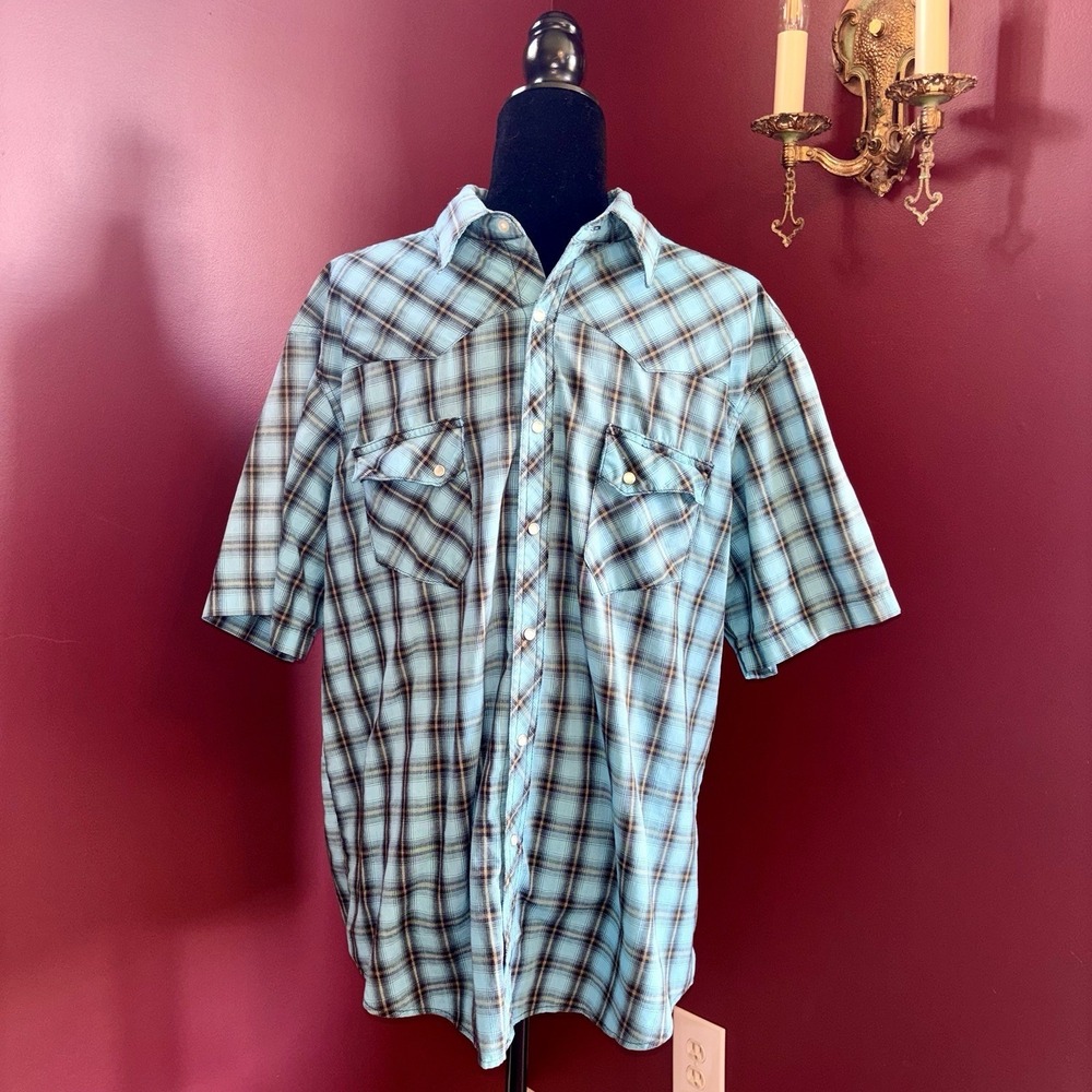 VTG 80s Wrangler Wrancher Pearl Snap Short Sleeve Plaid Shirt Mens XL